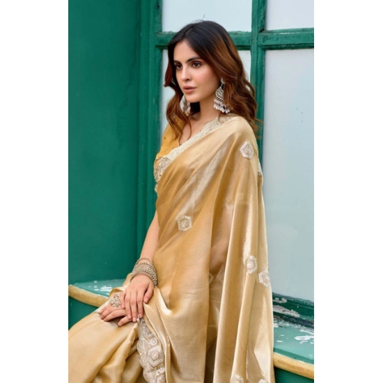 Generic Women's Faux Shimmer Geometric Ready to wear Saree With Unstitched Blouse 5.5Mtr (Beige) Generic Women's Faux Shimmer Geometric Ready to wear Saree With Unstitched Blouse 5.5Mtr (Beige)