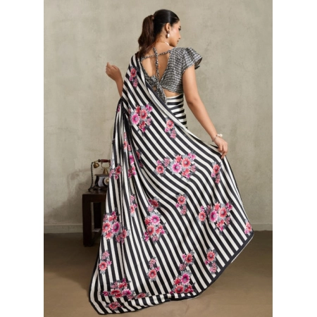 Women's Satin Crepe Printed Saree With Unstitched Blouse 5.5Mtr (Black)
