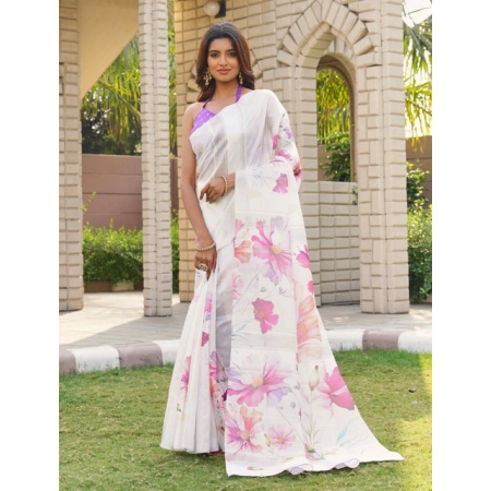 Generic Women's Georgette Floral Printed Saree With Unstitched Blouse 5.5Mtr (White-Pink)