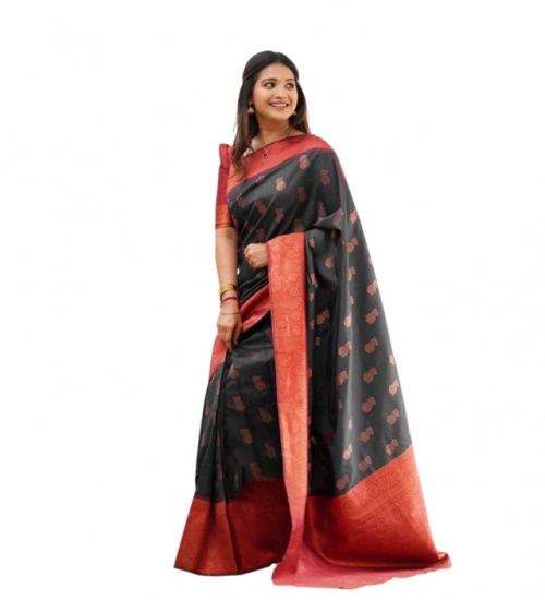 Generic Women's Litchi silk Printed Saree With Unstitched Blouse (Grey)