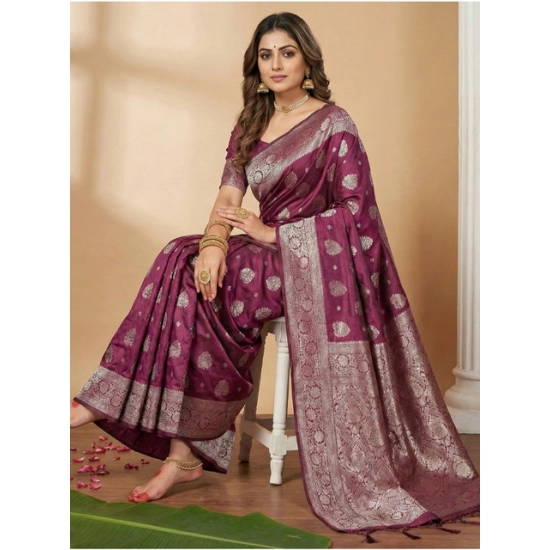 Generic Women's Silk Blend Printed Saree With Unstitched Blouse 5.5Mtr (Purple)