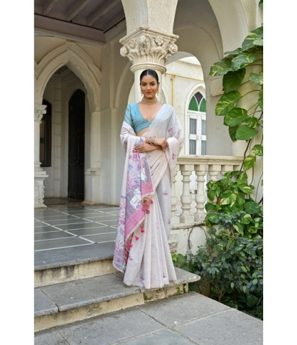 Generic Women's Blended_Cotton Floral Weaving Pattern Saree With Unstitched Blouse 5.5Mtr (Pink)