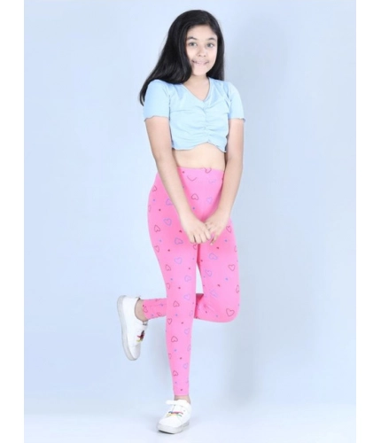 Generic Girl's Cotton Lycra Printed Elasticated Leggings (Light Pink)