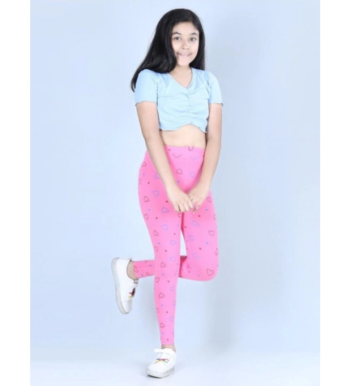 Generic Girl's Cotton Lycra Printed Elasticated Leggings (Light Pink)
