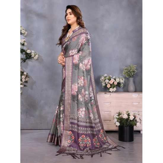 Generic Women's Cotton Silk  Printed Saree With Unstitched Blouse 5.5Mtr (Wine )