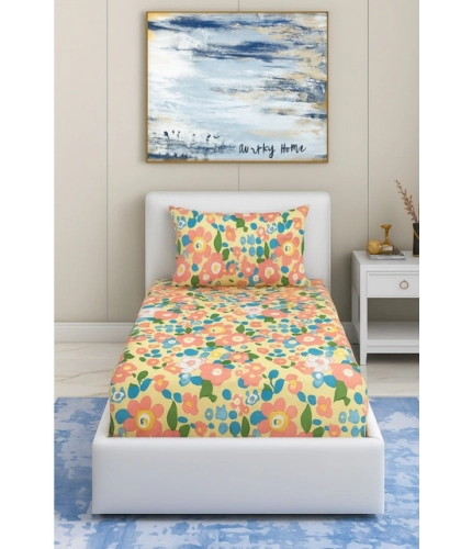 Generic Cotton Blend Floral Printed Single Bedsheet with 1 Pillow Cover (Yellow)