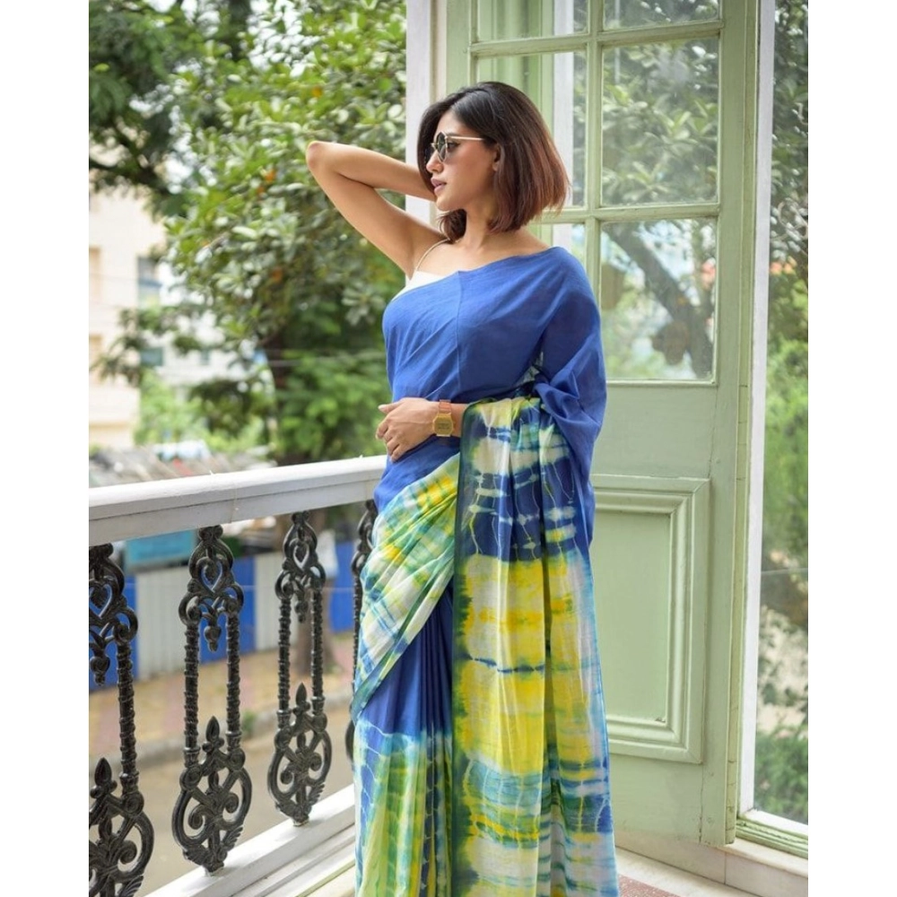 Generic Women's Linen Printed Saree With Unstitched Blouse 5.5Mtr (Blue) Generic Women's Linen Printed Saree With Unstitched Blouse 5.5Mtr (Blue)