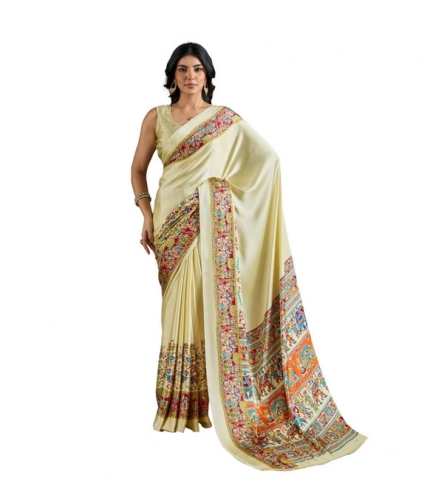 Generic Women's Satin Crepe Printed Saree With Unstitched Blouse 5.5Mtr (Cream)