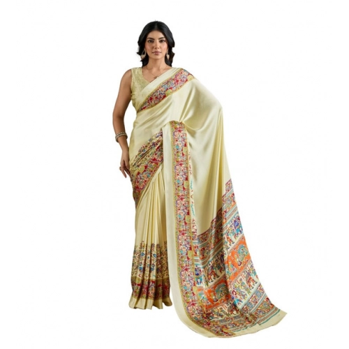 Generic Women's Satin Crepe Printed Saree With Unstitched Blouse 5.5Mtr (Cream)