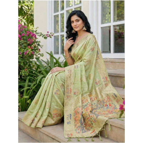 Generic Women's Linen Cotton Printed Saree With Unstitched Blouse 5.5Mtr (Light Green)