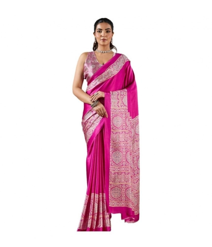 Generic Women's Satin Crepe Printed Saree With Unstitched Blouse 5.5Mtr (Pink)