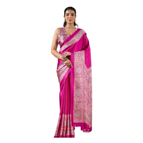 Generic Women's Satin Crepe Printed Saree With Unstitched Blouse 5.5Mtr (Pink)