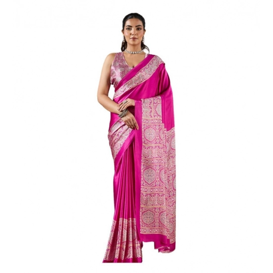 Generic Women's Satin Crepe Printed Saree With Unstitched Blouse 5.5Mtr (Pink)