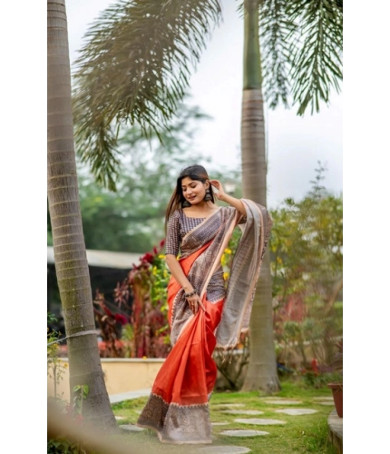 Generic Women's Faux_Tussar Geometric_Print Saree With Unstitched Blouse 5.5Mtr (Orange)