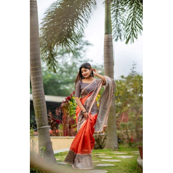 Generic Women's Faux_Tussar Geometric_Print Saree With Unstitched Blouse 5.5Mtr (Orange) Generic Women's Faux_Tussar Geometric_Print Saree With Unstitched Blouse 5.5Mtr (Orange)