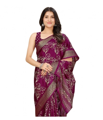Generic Women's Cotton Silk Floral Printed Saree With Unstitched Blouse 5.5Mtr (Wine)