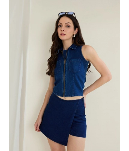 Generic Women's Denim Lycra Solid Sleeveless Top (Blue)