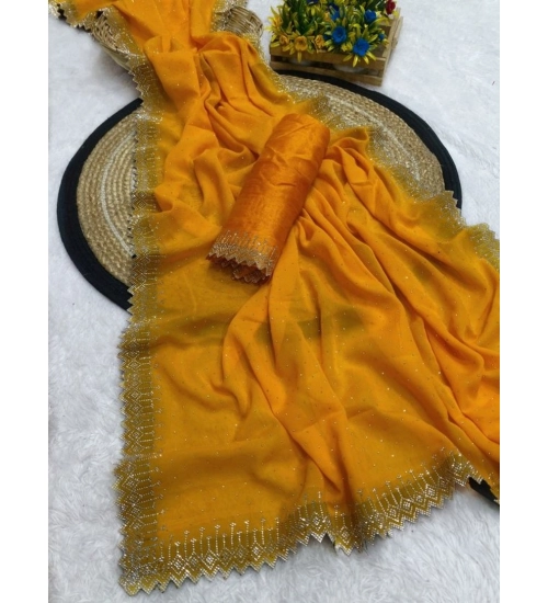 Generic Women's Georgette Stone Work Saree With Unstitched Blouse 5.5Mtr (Yellow)