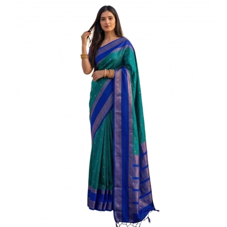 Generic Women's Silk Blend Printed Saree With Unstitched Blouse 5.5Mtr (Teal-Blue)