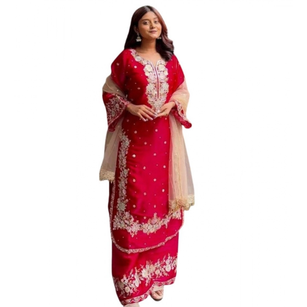 Generic Women's Silk Embroidered 3/4th Sleeve Round Readymade Kurti With Palazzo Pant and Dupatta Set (Red) Generic Women's Silk Embroidered 3/4th Sleeve Round Readymade Kurti With Palazzo Pant and Dupatta Set (Red)