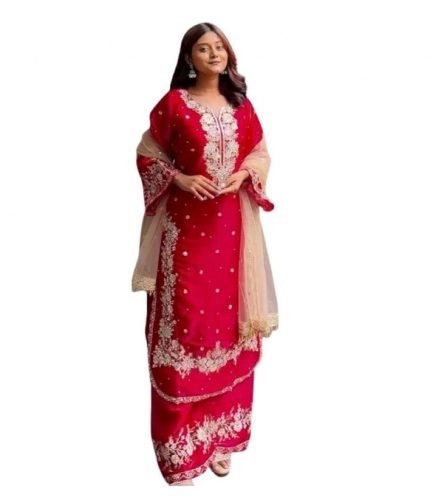 Generic Women's Silk Embroidered 3/4th Sleeve Round Readymade Kurti With Palazzo Pant and Dupatta Set (Red)