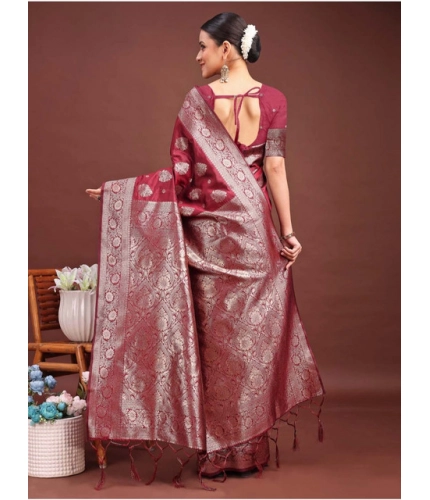 Generic Women's Banarasi Silk Printed Saree With Unstitched Blouse 5.5Mtr (Maroon)