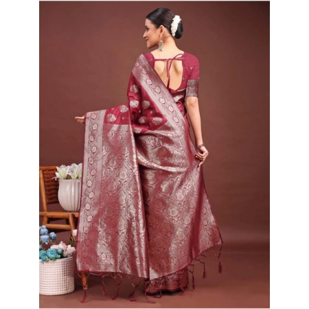 Generic Women's Banarasi Silk Printed Saree With Unstitched Blouse 5.5Mtr (Maroon)
