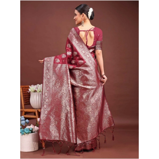 Generic Women's Banarasi Silk Printed Saree With Unstitched Blouse 5.5Mtr (Maroon)