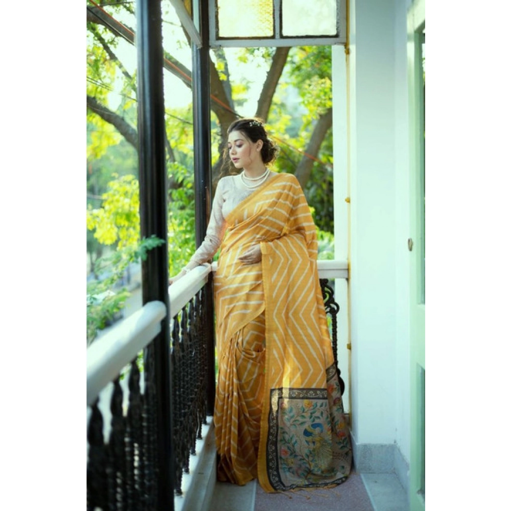 Women's Faux_Tussar_Silk Geometric_Print Saree With Unstitched Blouse 5.5Mtr (Mustard)