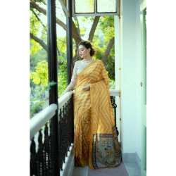Generic Women's Faux_Tussar_Silk Geometric_Print Saree With Unstitched Blouse 5.5Mtr (Mustard)