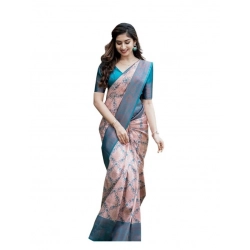 Generic Women's Soft Lichi Silk Printed Saree With Unstitched Blouse 5.5Mtr (Multicolor)