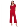Generic Women's Polyester Lycra Solid Puff Sleeve Jumpsuit (Red)