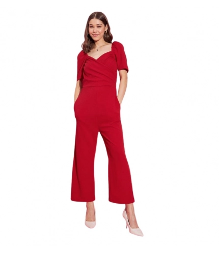Generic Women's Polyester Lycra Solid Puff Sleeve Jumpsuit (Red)