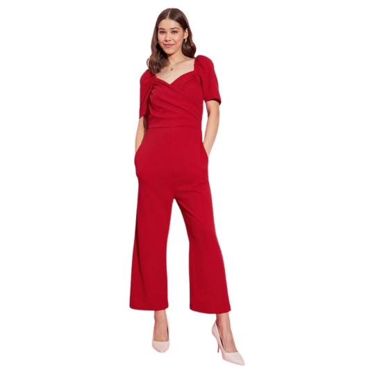 Generic Women's Polyester Lycra Solid Puff Sleeve Jumpsuit (Red) Generic Women's Polyester Lycra Solid Puff Sleeve Jumpsuit (Red)