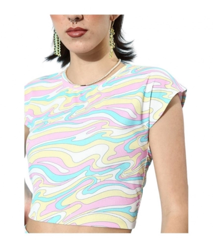 Generic Women's Polyester Lycra Printed Cap Sleeve Co-Ord Set (Multicolor)