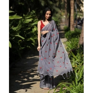 Generic Women's Linen Printed Saree With Unstitched Blouse 5.5Mtr (Grey)