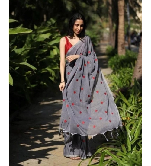 Generic Women's Linen Printed Saree With Unstitched Blouse 5.5Mtr (Grey)
