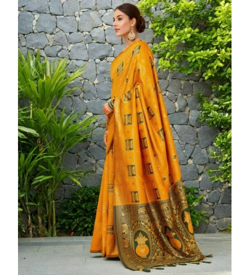 Generic Women's Silk Blend Woven Zari Work Saree With Unstitched Blouse 5.5Mtr (Mustard)