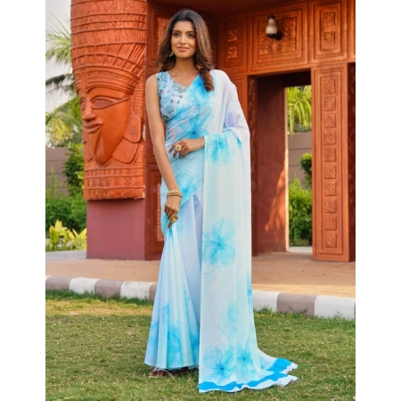 Generic Women's Georgette Floral Printed Saree With Unstitched Blouse 5.5Mtr (Off White-Skyblue)