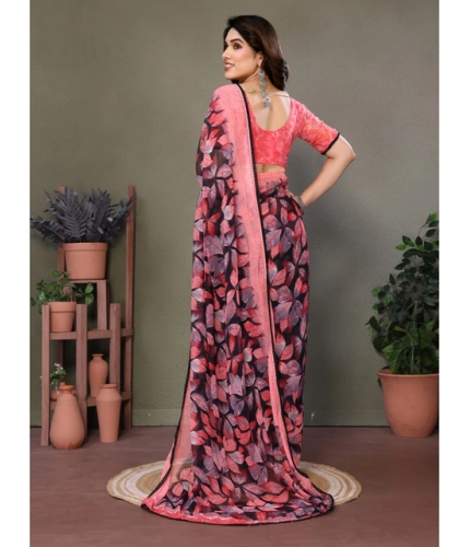 Generic Women's Chiffon Printed Saree With Unstitched Blouse 5.5Mtr (Pink)