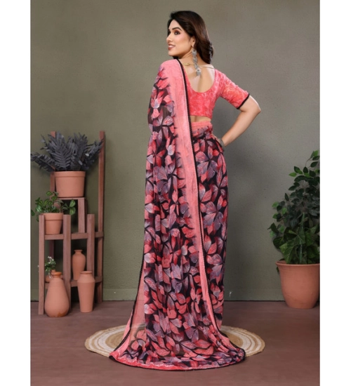 Generic Women's Chiffon Printed Saree With Unstitched Blouse 5.5Mtr (Pink)