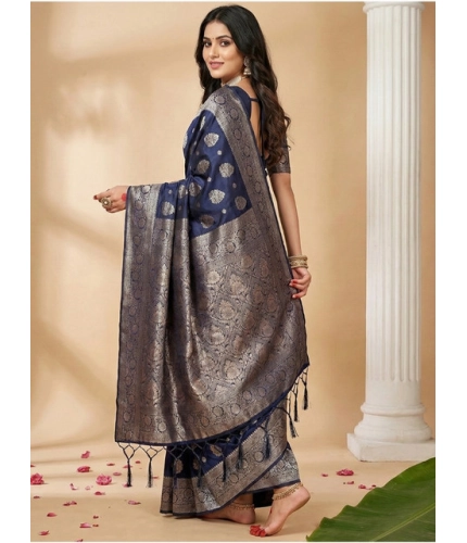 Generic Women's Silk Blend Printed Saree With Unstitched Blouse 5.5Mtr (Navy Blue)