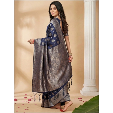 Generic Women's Silk Blend Printed Saree With Unstitched Blouse 5.5Mtr (Navy Blue)