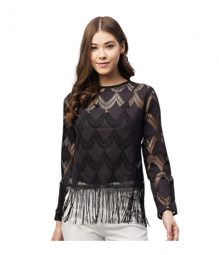 Generic Women's Lace Self Design Short Sleeve Top (Black)