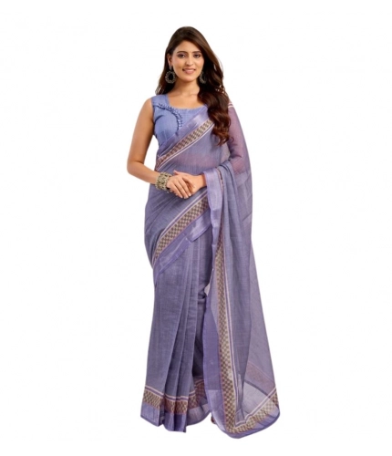 Generic Women's Faux Linen Printed Ready to wear Saree With Unstitched Blouse 5.5Mtr (Light_Lavender)