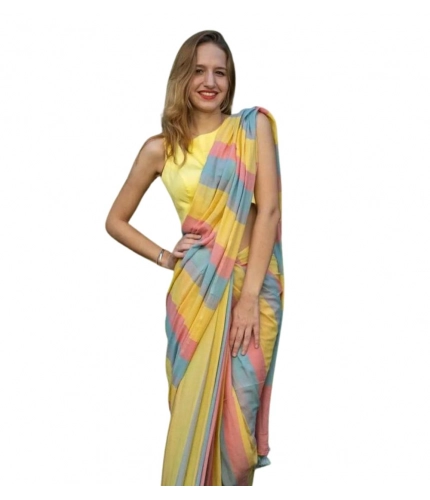 Generic Women's Linen Printed Saree With Unstitched Blouse 5.5Mtr (Multicolor)