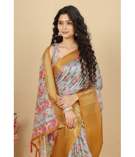 Generic Women's Cotton Silk Floral Printed Saree With Unstitched Blouse 5.5Mtr (Lavender)