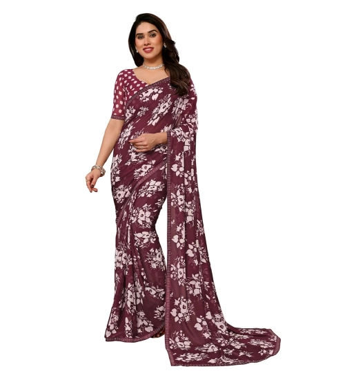 Generic Women's Georgette Printed Saree With Unstitched Blouse 5.5Mtr (Brown)