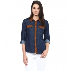 Generic Women's Denim Cotton based Solid Long Sleeves Shirt (Blue)