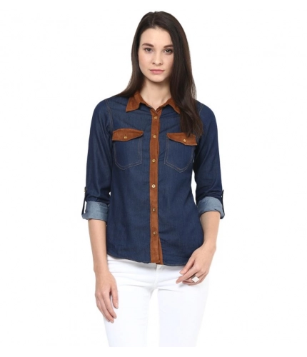 Generic Women's Denim Cotton based Solid Long Sleeves Shirt (Blue)